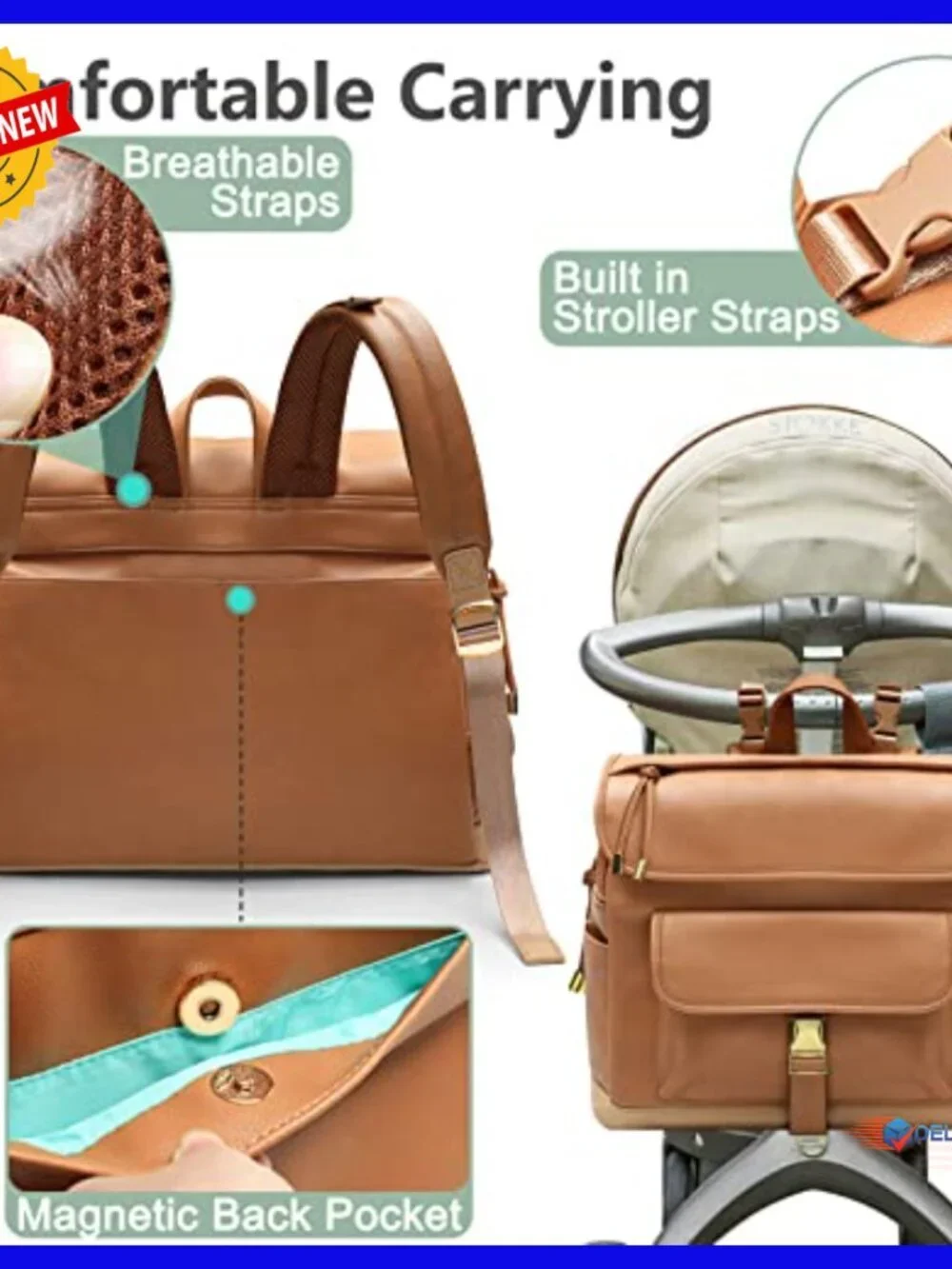 Leather Diaper Bag Backpack, 12 Pockets, Insulated, Changing Pad